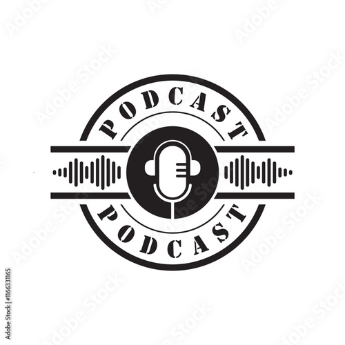 podcast logo with microphone and earphone audio, radio waves. for studio, talk show, chat, information sharing, interview, multimedia.