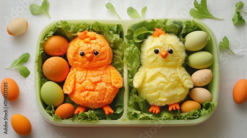 Adorable Easter Chick Bento Box with Colorful Eggs and Lettuce photo