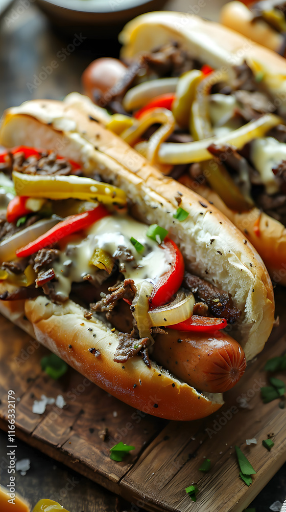 Philly cheesesteak hot dog with sauteed beef, spicy mustard, peppers, and melted provolone cheese Philly cheesesteak hot dog with sauteed beef, spicy mustard, peppers, and melted provolone cheese