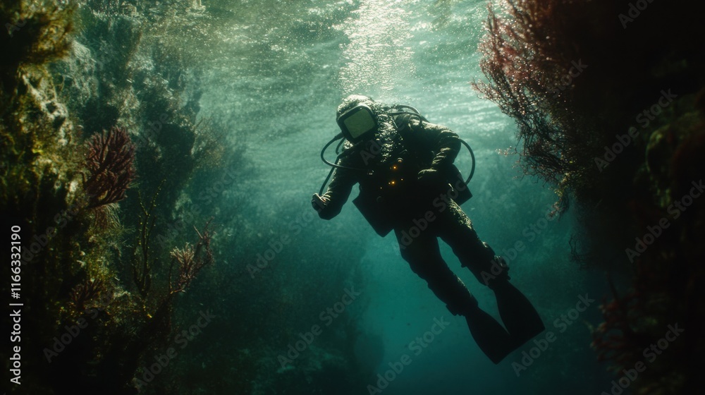 A diver explores an underwater landscape surrounded by marine flora. A diver explores an underwater landscape surrounded by marine flora.