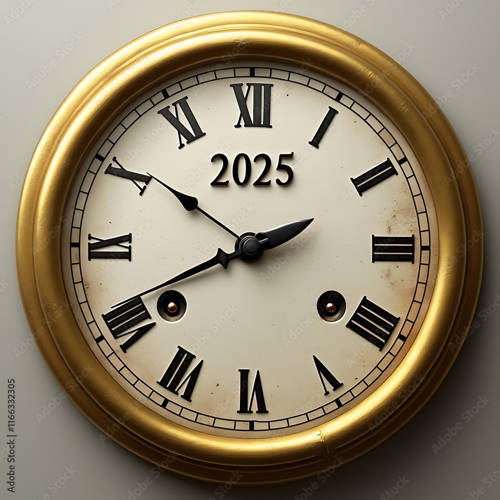 A golden analog clock showing the year 2025, with Roman numeral markings and a white face A golden analog clock showing the year 2025, with Roman numeral markings and a white face