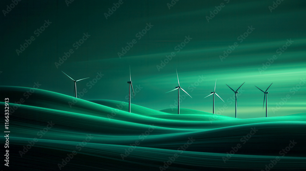 Serene landscape with wind turbines in green hues Serene landscape with wind turbines in green hues