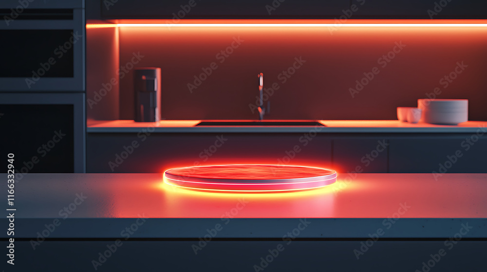 A kitchen counter with a red plate on it A kitchen counter with a red plate on it