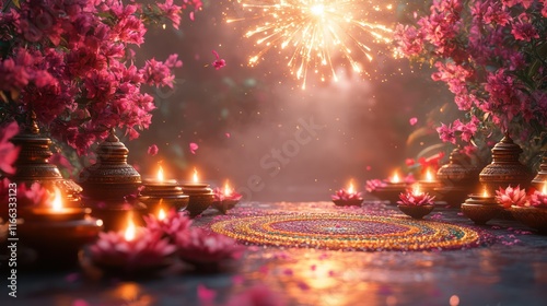 Enchanted Diwali Celebration: A Festive Night with Candles and Flowers photo