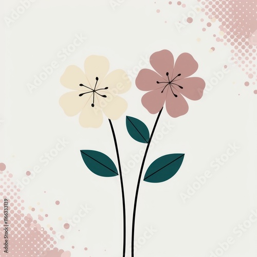 Two Simple Flowers With Green Leaves On A Light Background