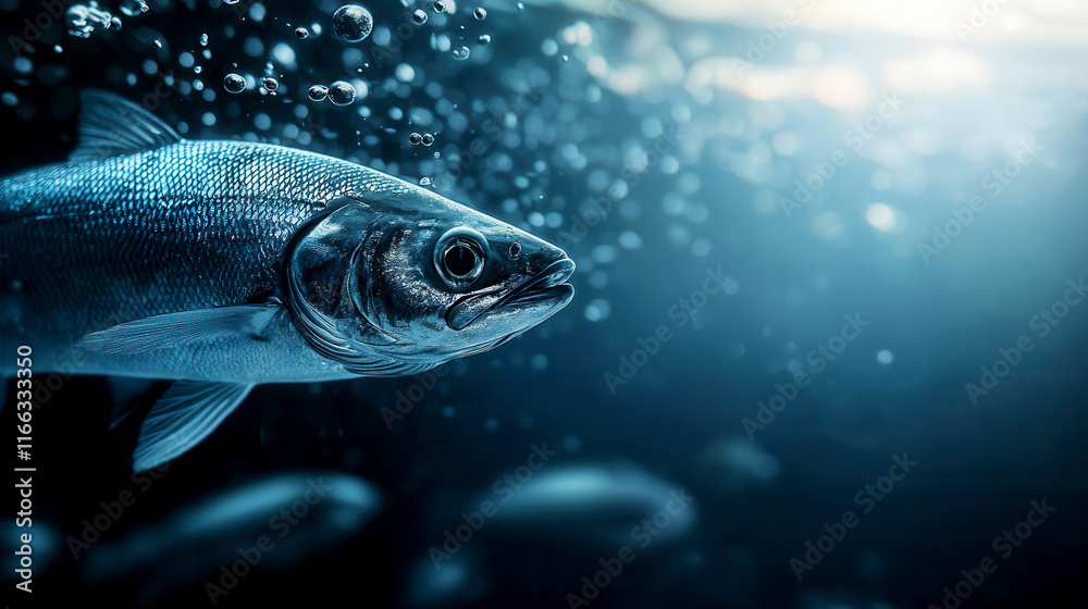 Fototapeta premium Majestic fish swimming through tranquil underwater bubbles