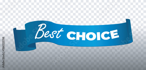 Blue ribbon with Best Choice text on a transparent background. Elegant and dynamic design, suitable for promotions, advertising, and marketing purposes. Modern vector illustration