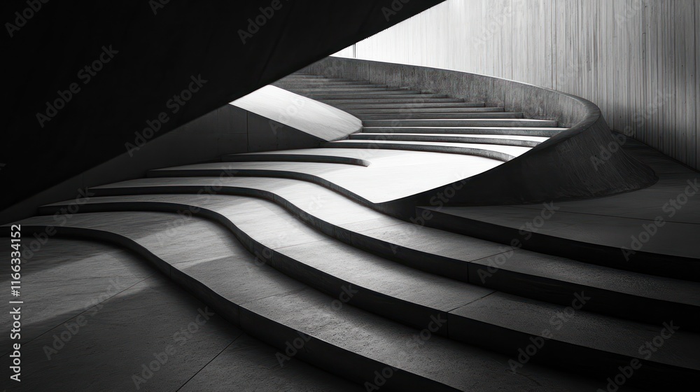 A modern architectural staircase with smooth curves and shadows, emphasizing design and space. A modern architectural staircase with smooth curves and shadows, emphasizing design and space.