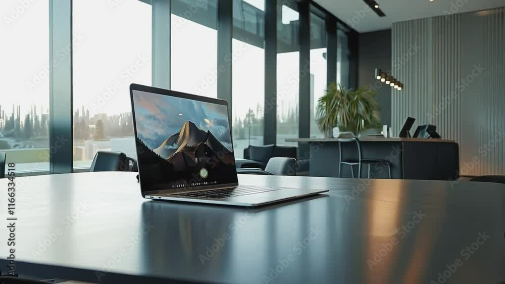 A sleek laptop computer rests on a polished table in a contemporary office setting. The device's screen reflects a scenic mountain vista, symbolizing potential and progress. 