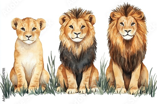 Three lions, including a cub, depicted in a watercolor style.