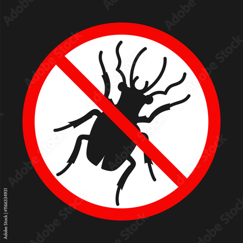 No insect sign. Anti danger bug poster. Silhouette of beetle in red forbidding circle insecticide emblem. Symbol stop beetle pest control. Simple humor bug graphic icon vector isolated illustration