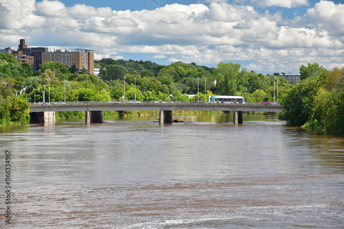 Saint-Francois river near King street. Sherbrooke downtown river. High water level photo