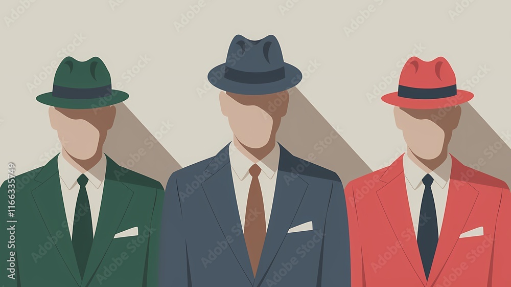 Minimalistic Illustration of Three Men in Suits and Hats Standing in a Row Against Beige Wall Background Minimalistic Illustration of Three Men in Suits and Hats Standing in a Row Against Beige Wall Background