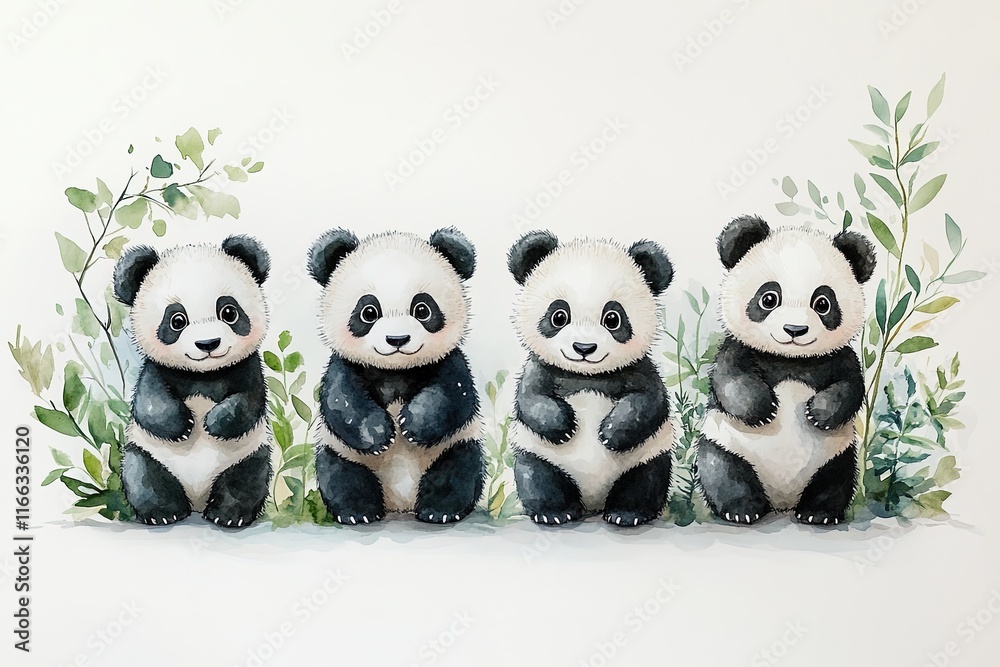Obraz premium Four cute panda illustrations surrounded by greenery.