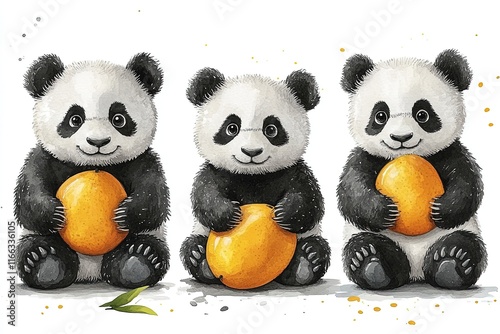 Three cute pandas holding orange fruits, showcasing playful wildlife. photo