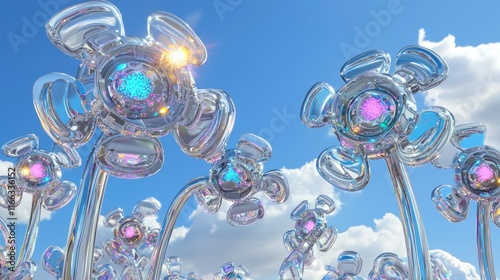 Whimsical Robotic Daisy Landscape - Fusion of Nature and Technology in Ultra-Detailed 3D Render Digital Artwork photo