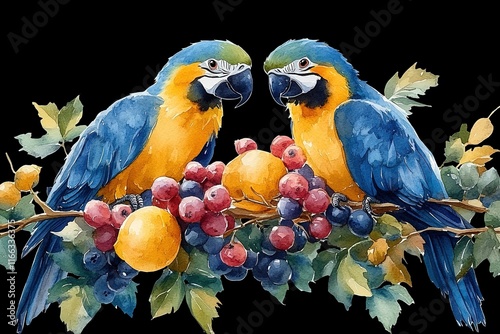 Two colorful parrots perched on a branch with various fruits. photo