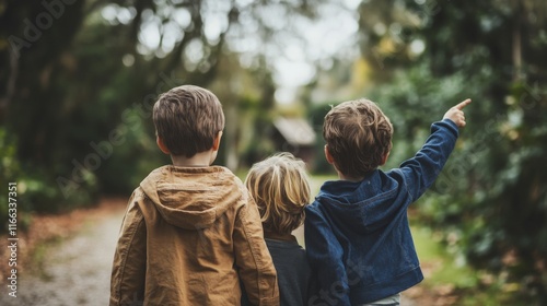 Back view of a family of three standing together, the child pointing toward the house for sale, a sign of new opportunities