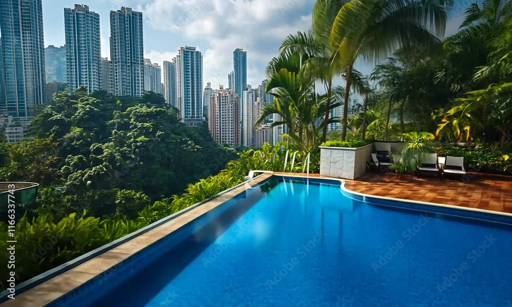 A serene infinity pool overlooking a city skyline and lush greenery.