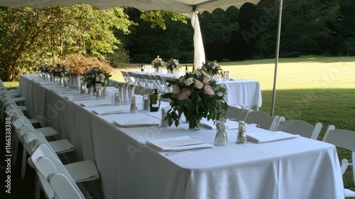 A beautifully arranged outdoor dining setup under a tent with floral centerpieces.