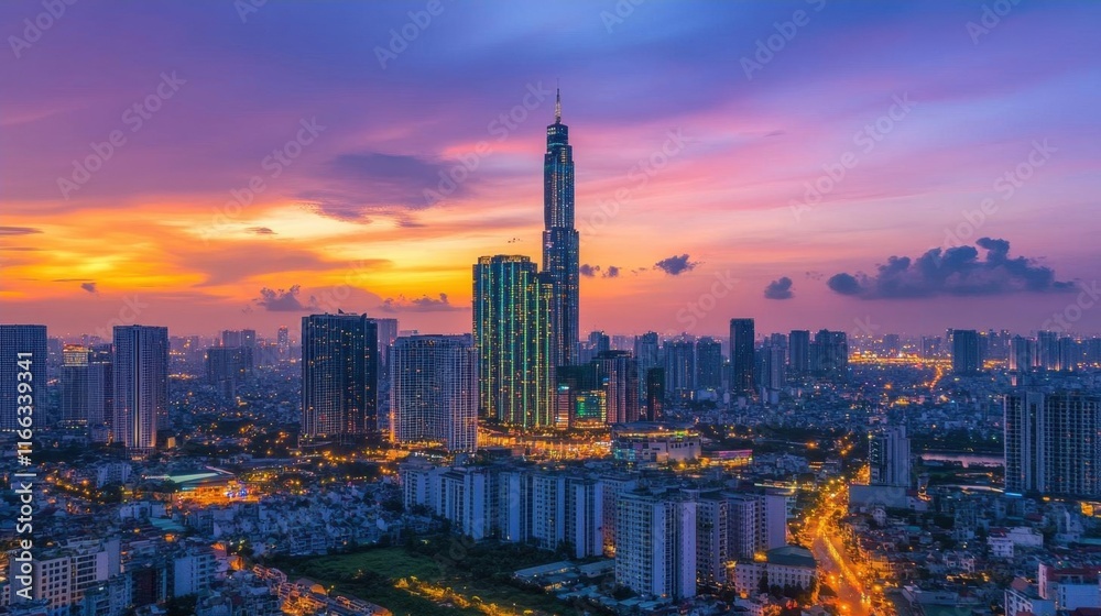 Obraz premium A vibrant city skyline at sunset, showcasing modern architecture.