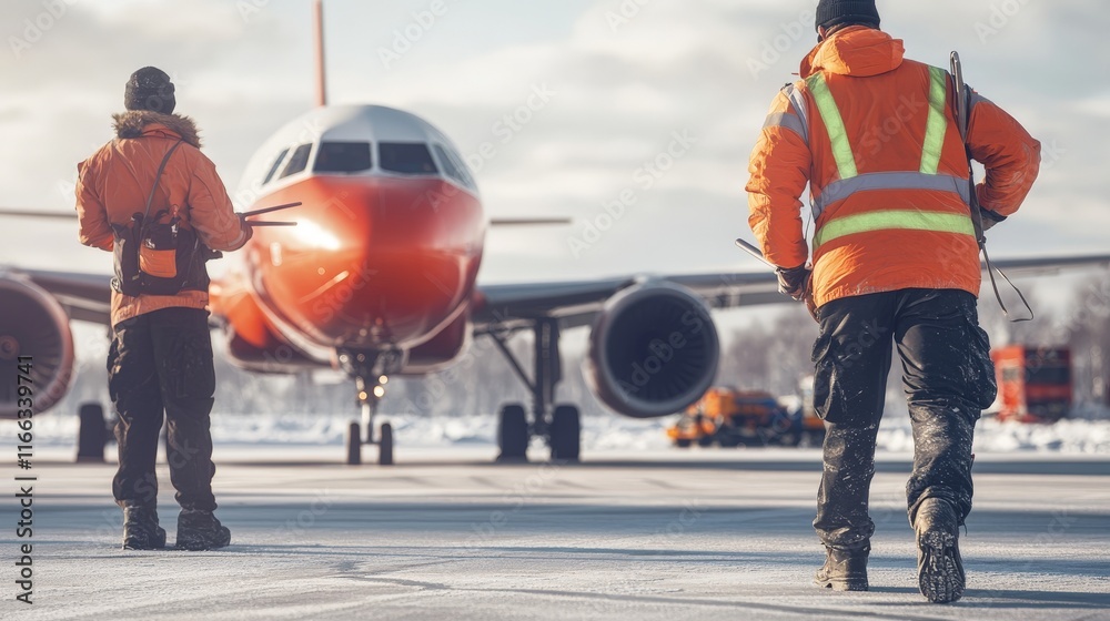 Ground Crew Directing Airplane in Overcast Weather Ground Crew Directing Airplane in Overcast Weather