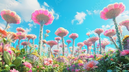 Whimsical Mechanical Meadow: Vibrant Oversized Flowers in a 3D Rendered Digital Artwork Under a Clear Blue Sky photo