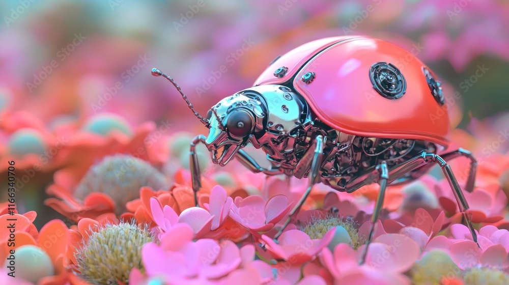 Fototapeta premium Whimsical Mechanical Ladybug on Colorful Flower - Ultra-Detailed Digital Artwork Blending Nature and Technology