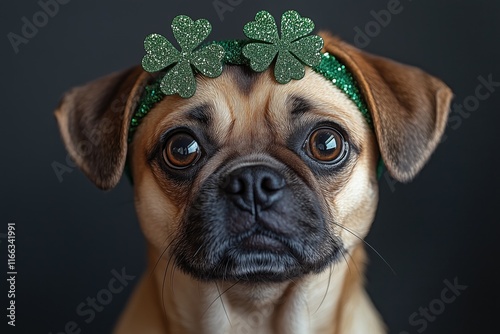 St. Patrick s Day Pug. Studio photo of a Pug wearing a shamrock headband bobble for St. Patrick s Day photo