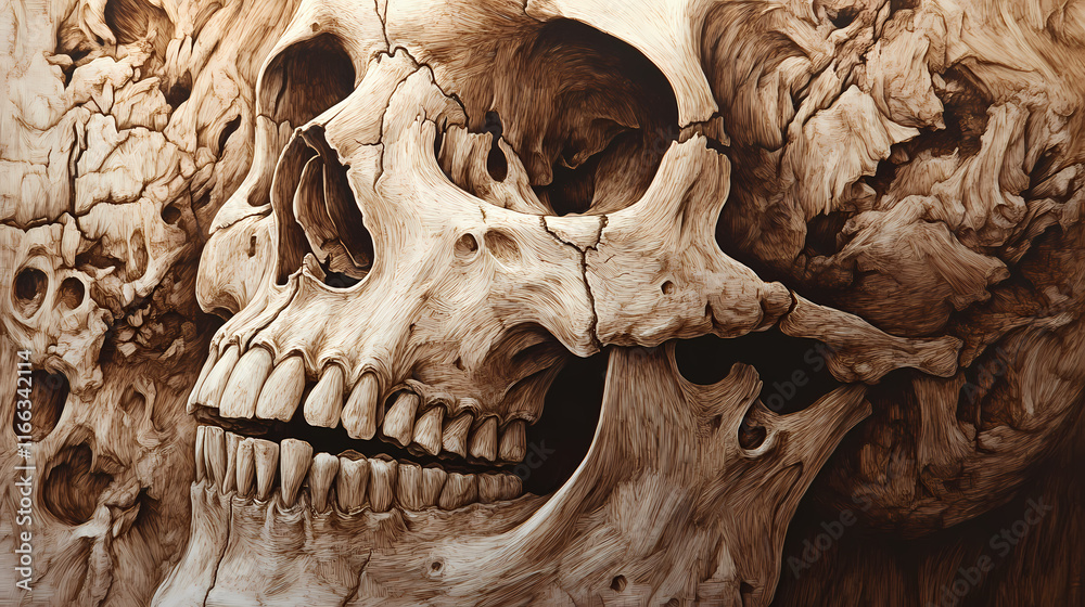 Human skull, detailed anatomical study of a human cranium, showing teeth and facial structure with natural bone texture. Etherwood. Illustration Human skull, detailed anatomical study of a human cranium, showing teeth and facial structure with natural bone texture. Etherwood. Illustration