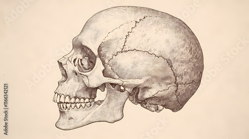 Human skull, detailed anatomical study of a human cranium, showing teeth and facial structure with natural bone texture. Etherwood. Illustration