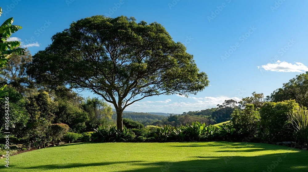 Lush Garden Landscape with Large Tree and Distant Hills Lush Garden Landscape with Large Tree and Distant Hills