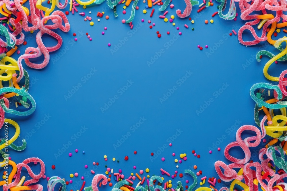 Birthday party background on blue. Top view. Border made of colorful serpentine, candies and confetti. Birthday party background on blue. Top view. Border made of colorful serpentine, candies and confetti.