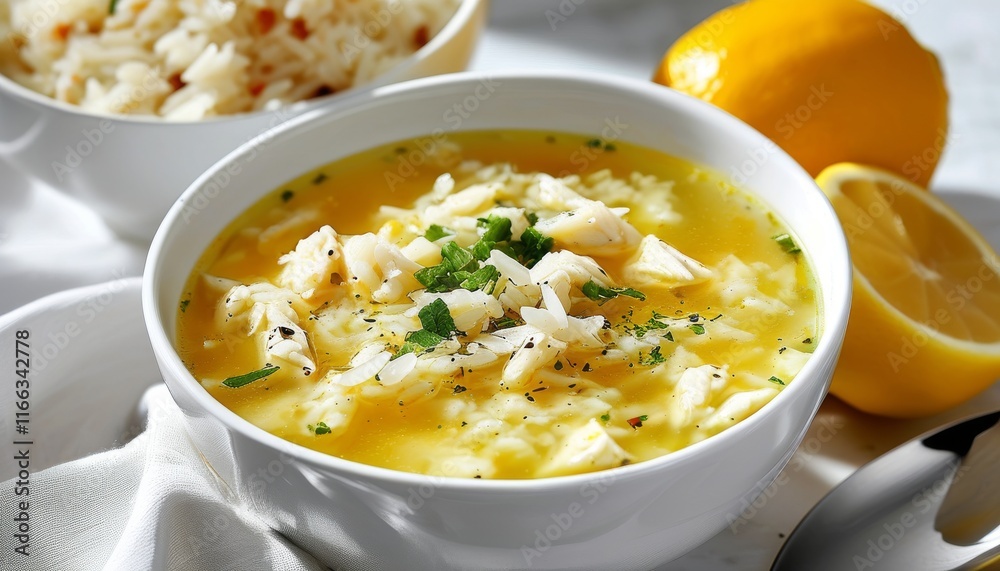 Delicious Avgolemono Soup with Chicken and Lemon Served in a Bowl on a Marble Table Delicious Avgolemono Soup with Chicken and Lemon Served in a Bowl on a Marble Table