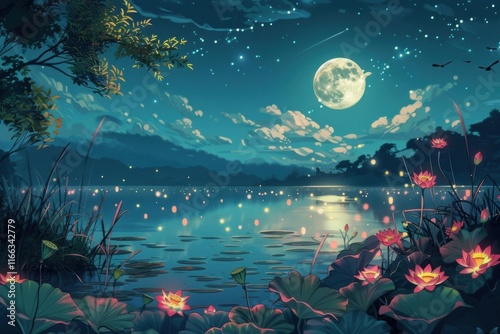 A serene night scene featuring a moonlit lake with blooming lotus flowers.