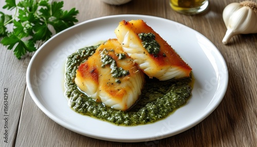 Delicious Fried Cod with Skordalia Sauce Served on a White Plate with Garlic and Herbs photo