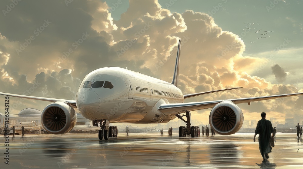 Obraz premium Bright Day at the Airport with Passengers Boarding Airplane