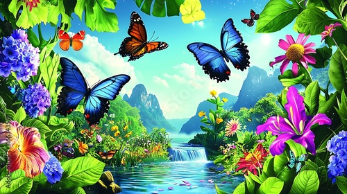 Vibrant butterflies and flowers flutter above a tranquil waterfall in a lush, tropical paradise.