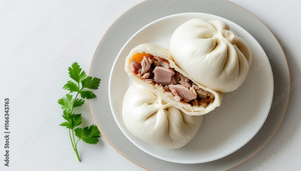 Delicious Steamed Pork Buns with Tender Filling on Plate with Fresh Cilantro Garnish Delicious Steamed Pork Buns with Tender Filling on Plate with Fresh Cilantro Garnish