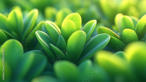 3D render of lush green leaves unfurling with dew drops, capturing the beauty of transpiration in nature.