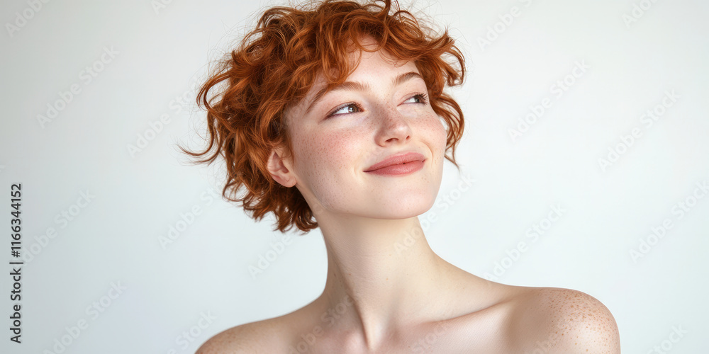 A photograph of a woman with short, curly red hair, smiling slightly and looking to the side against a white background, generative AI A photograph of a woman with short, curly red hair, smiling slightly and looking to the side against a white background, generative AI