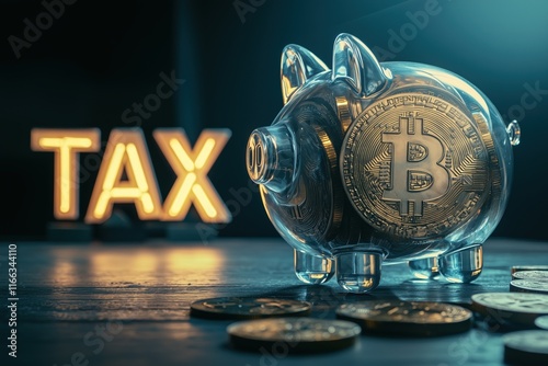 Transparent piggy bank with Bitcoin and glowing crypto tax concept