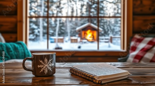 Winter cabin interior with coffee and journal, promoting coziness photo