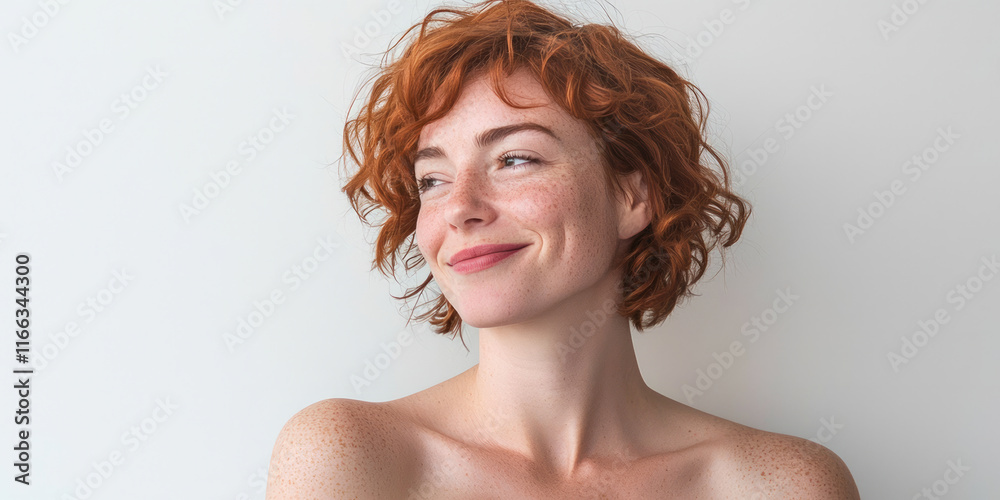 A photograph of a woman with short, curly red hair, smiling slightly and looking to the side against a white background, generative AI A photograph of a woman with short, curly red hair, smiling slightly and looking to the side against a white background, generative AI
