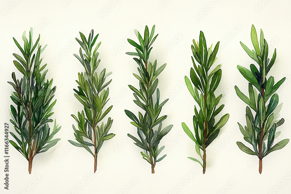 Fototapeta premium A collection of green leaves arranged in a row on a light background.