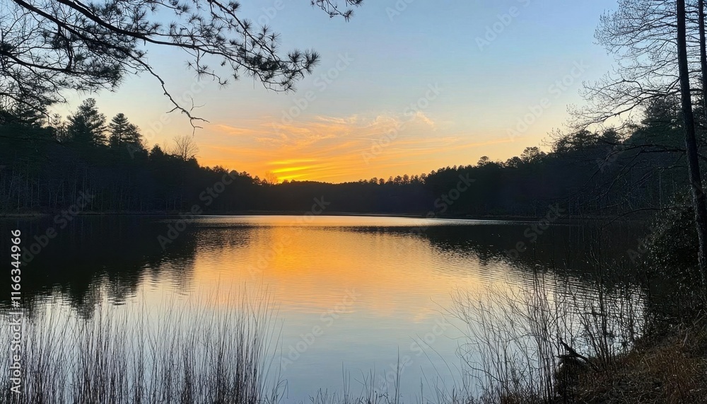 Serene sunset over a calm lake surrounded by trees and nature. Serene sunset over a calm lake surrounded by trees and nature.