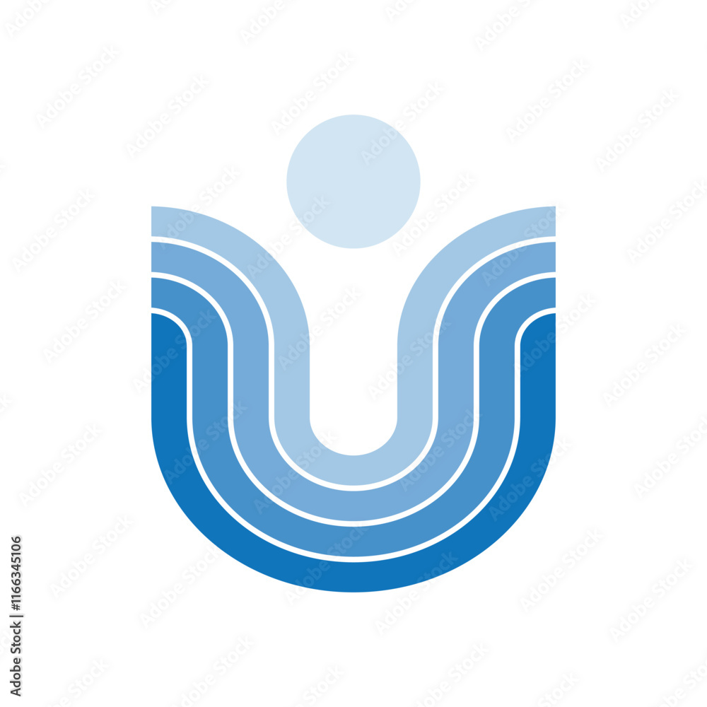 The image shows a flat logo design of an initial letter U in blue color that shapes like an abstract person  