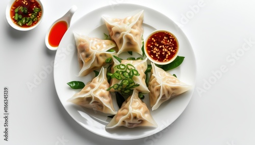 Delicious Vietnamese Pork Dumplings Served with Spicy Sauce and Fresh Herbs on White Plate photo