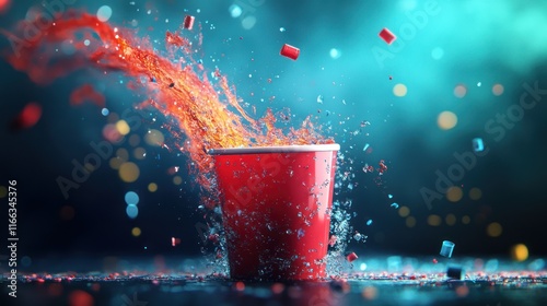 Red Cup Splash: A vibrant image of a red plastic cup with a splashing liquid, surrounded by confetti and bokeh lights, creating a dynamic and festive atmosphere. photo