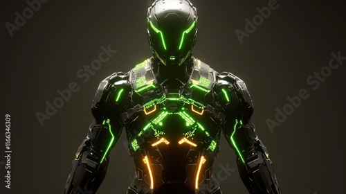 Futuristic humanoid robot with glowing accents in a dark environment.